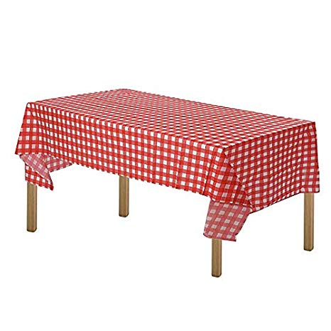 ARTTHOME. Heavy Duty Gingham Checkered Tablecloth Premium Disposable Plastic Picnic Table Cover 54 Inch. x 108 Inch. Rectangle (6 Pack Red and White)