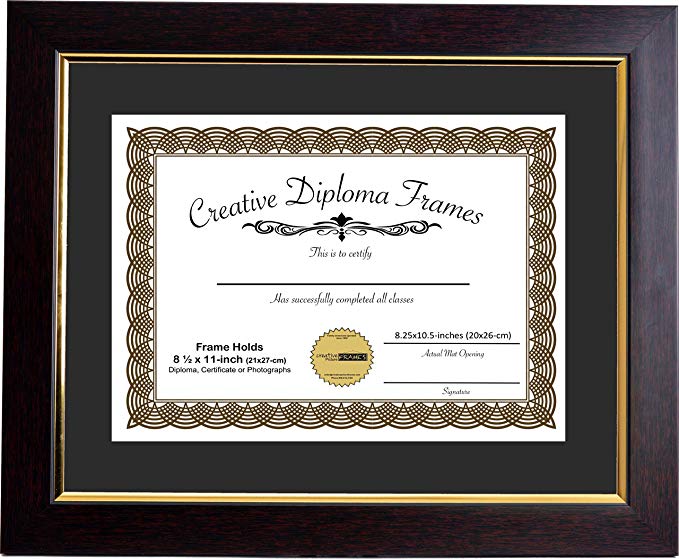 CreativePF [mhg024] 11x14-inch Matted Eco Mahogany Finish Diploma Frame Gold Lip with Black/White Core Mat Holds 8.5x11-inch Media, with Installed Hangers