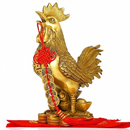 2017 Chinese Zodiac Rooster Year Golden Brass Rooster Collectible Figurines   Free Set of 5 Lucky Charm Ancient Coins on Red String, Chinese Charm of Prosperity Home Decoration Gift,Feng Shui Decor