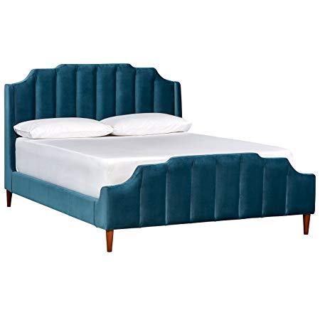 Rivet Gwyneth Mid-Century Velvet King Bed with Headboard, 82"W, Navy Blue