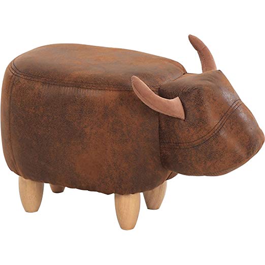 OLizee Decorative Buffalo Ottoman Footstool Cute Animal Upholstered Stool for Kids Wooden Footrest Accent Furniture, Brown
