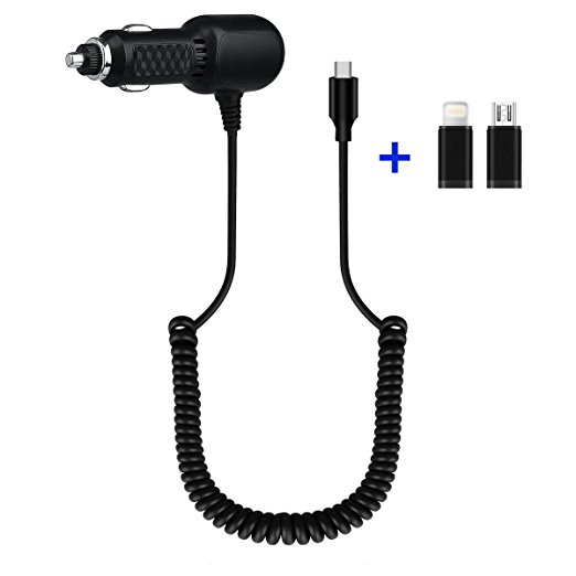 Type C Car Charger,5V/4.8A Vehicle Ultra Rapid Car Charger,Black - Coiled Cord (6.56FT),USB C Cable For Samsung Note 8, Galaxy S8 / S8 Plus, LG G6 / G5, Google Pixel and More