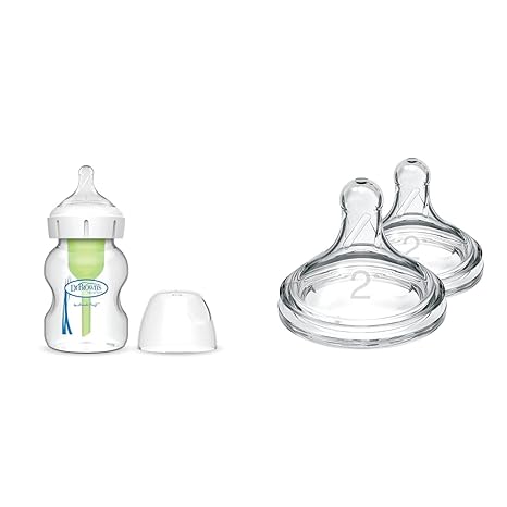 Dr. Brown's Natural Flow Anti-Colic Options+ Wide-Neck Glass Baby Bottle 5 oz/150 Ml & Natural Flow Level 2, Wide-Neck Baby Bottle Silicone Nipple, Medium Flow, 3m+, 100% Silicone, 2 Count (Pack of 1)