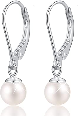 ✦Gifts for Mother's Day✦18K Gold Plating 925 Sterling Silver Pearl Earrings Handpicked White Shell Pearl Drop Leverback Earrings for Women and Girls