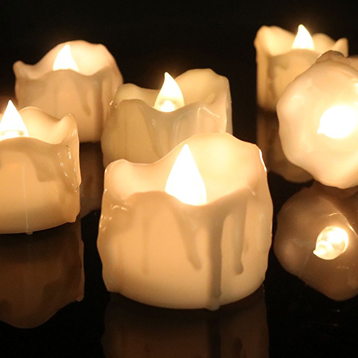Micandle Pack of 12 Led Flameless Tea Lights Candles with Timer (6 Hours on and 18 Hours Off in 24 Hours Cycle),Wax Dripped Warm White Flickering Tealights Fake Candles for Wedding Outdoor Party Decor