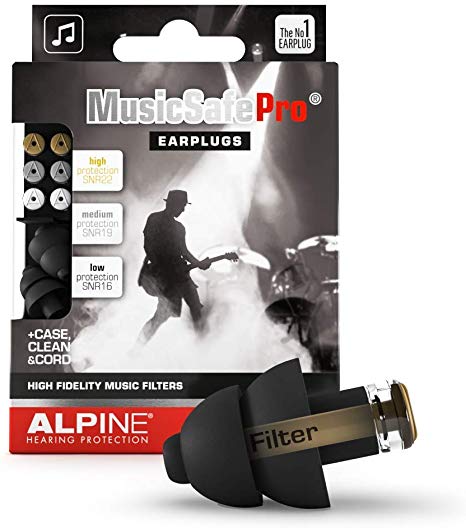 Alpine MusicSafe Pro Music Ear Plugs – Musicians Ear Plugs for Noise Reduction – Concert Earplugs - 3 Noise Reducing Ear Plug Filter Sets - Hypoallergenic Reusable Earplugs, Black