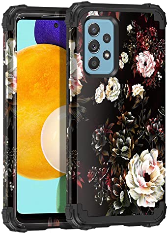 Pandawell for Galaxy A52 5G Case Floral Shockproof Heavy Duty 3 in 1 Hybrid Sturdy Protective Cover Case for Samsung Galaxy A52 5G 2021 6.5 inch, White Flower/Black