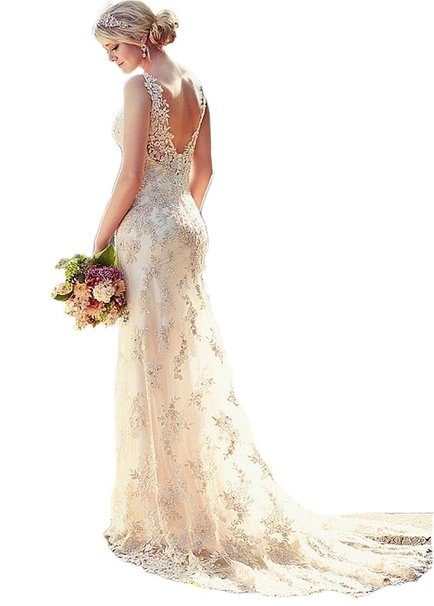 Ikerenwedding® Women's Double V-neck Straps Lace Applique Mermaid Wedding Dress