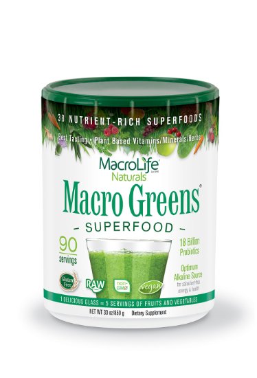 Macro Greens Superfood - 18 Billion Non-Dairy Probiotic Cultures - Raw Green Superfood - Certified Organic Barley Grass Powder - 5 Servings Of Fruits and Vegetables - Americas Best Tasting Greens - Non GMO - Vegan - Gluten and Dairy Free - 90 Servings - 30 oz 850 g