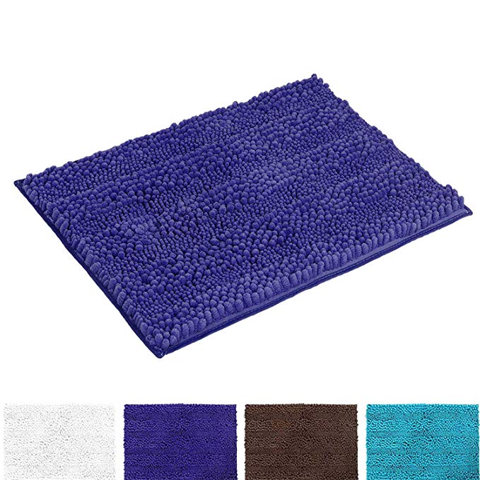 Haocoo Non-Slip Bathroom Rug Soft and Fluffy Thick Chenille Shaggy Striped Bath Floor Mat with Dry Fast Water Absorbent Backing Microfiber Machine-Washable,50x80cm (Navy Blue)
