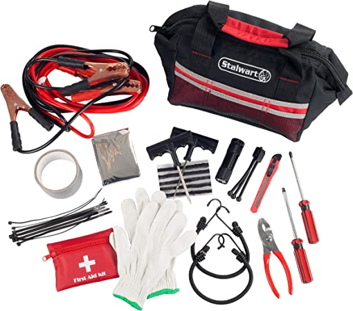 Stalwart 55 Pc Emergency Roadside Kit with Travel Bag - Red, 55 Piece