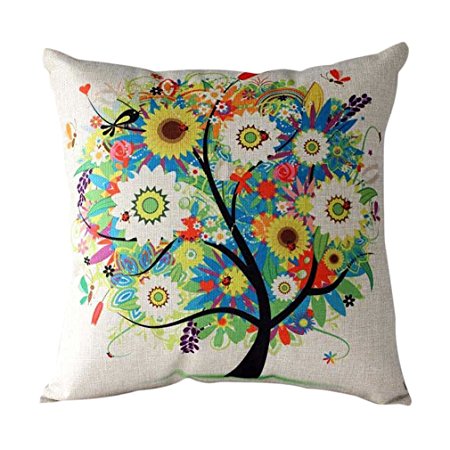 Onker Cotton Linen Square Decorative Throw Pillow Case Cushion Cover 18" x 18" Colorful Pastoral Style Tree of Life