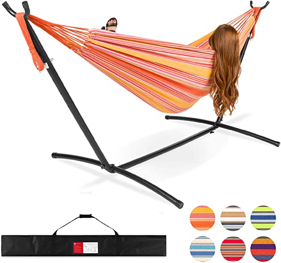 Best Choice Products 2-Person Indoor Outdoor Brazilian-Style Cotton Double Hammock Bed w/Carrying Bag, Steel Stand, Sunset