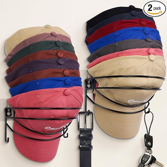 Hat Rack for Wall and Door, [2-Pack] Metal Hat Organizers for Baseball Caps, Baseball Cap Organizer with Hooks, Hat Holder Storage Hold Up to 30 Caps Hangers Strong Ball Cap Holder