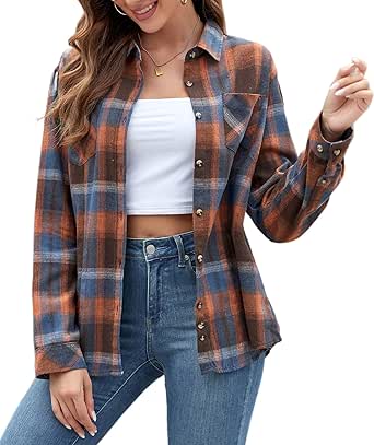 Deer Lady Plaid Flannel Shirts for Women Buffalo Plaid Shirts Oversized Long Sleeve Casual Button Down Blouse Top