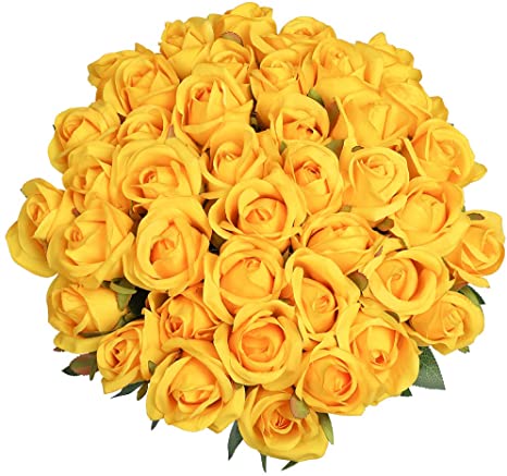 Veryhome Artificial Flowers Silk Roses Real Touch Bridal Wedding Bouquet for Home Garden Party Floral Decor 10 Pcs (Rose Bud - Yellow)