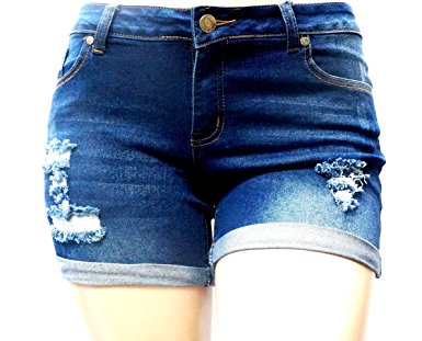 JEANS FOR LOVE David J Womens Plus Size Short Stretch Distressed Ripped Blue Denim Jeans Shorts