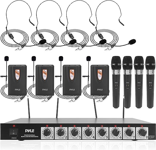 Pyle 8 Channel Wireless Microphone System - Professional VHF Audio Mic Set with 1/4", XLR Jack - 4 Headset, 4 Clip Lavalier, 4 Handheld Mic, 4 Transmitter, Receiver - for Karaoke PA, DJ PDWM8700