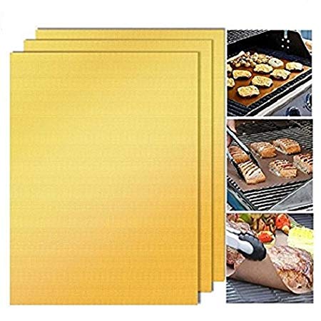 BBQ Grill Mats Set of 3 Non Stick Reusable Heavy Duty Waterproof Barbecue Grill & Baking Cooking Easy to Clean 16 X 13 Inch (Gold-3PCS)