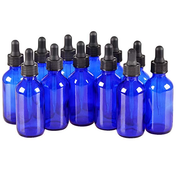 12 Pack,2oz 2 oz,Blue Glass Bottle Bottles with Black cap and Glass Droppers.Using for Essential Oils,Lab Chemicals,Colognes,Perfumes & Other Liquids.FREE 12 Chalk Labels
