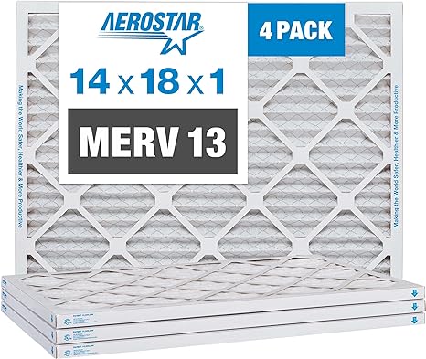 Aerostar 14x18x1 MERV 13 Pleated Air Filter, AC Furnace Air Filter, 4 Pack (Actual Size: 13 3/4" x 17 3/4" x 3/4")