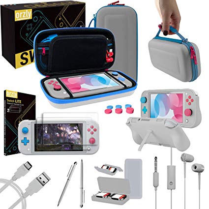 Orzly Switch Lite Accessories Bundle - Case & Screen Protector for Nintendo Switch Lite Console, USB Cable, Games Holder, Grip Case, Headphones, Thumb-Grip Pack & More (Gift Pack - Z&Z Edition)