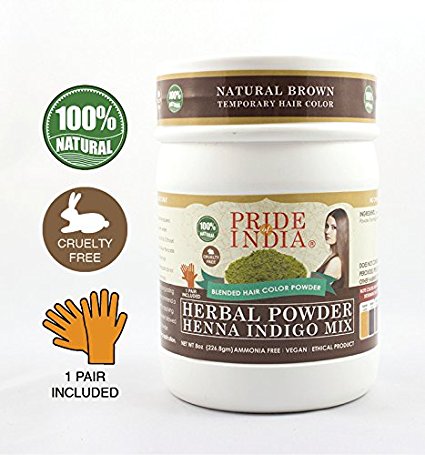 Pride Of India - Henna & Indigo Mix Hair Color Powder - Brown Color, Half Pound (8oz - 227gm) - 1 Pair Free Gloves Included