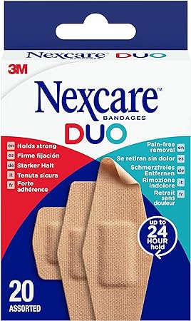 Nexcare DUO Plasters, Assorted Sizes, 20 Plasters per Pack, Holds Strong for up to 24 Hours, Pain-free Removal, Water Resistant Plasters for Wounds and Minor Scratches, Plasters for First Aid Kits