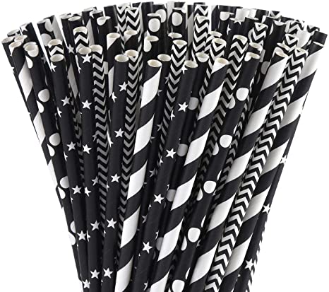 ALINK Biodegradable Black Paper Straws, 100 Stars/Dots/Stripes/Waves Drinking Straws for Juice, Cocktail, Smoothies, Birthday, Wedding, Bridal/Baby Shower and Celebration