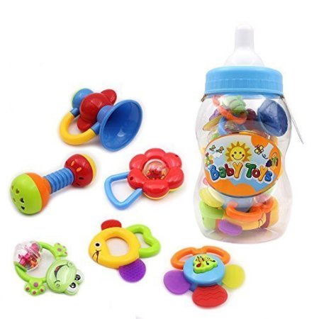 Wishtime Baby's First Rattle and Teether Toy 9 Pieces with Giant Baby Bottle Coin Bank Gift Sets- Colors May Vary