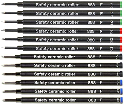 Pack of 12 - Schmidt 888 F Safety Ceramic Rollerball Refill Green/Red/Black/Blue Fine Tip