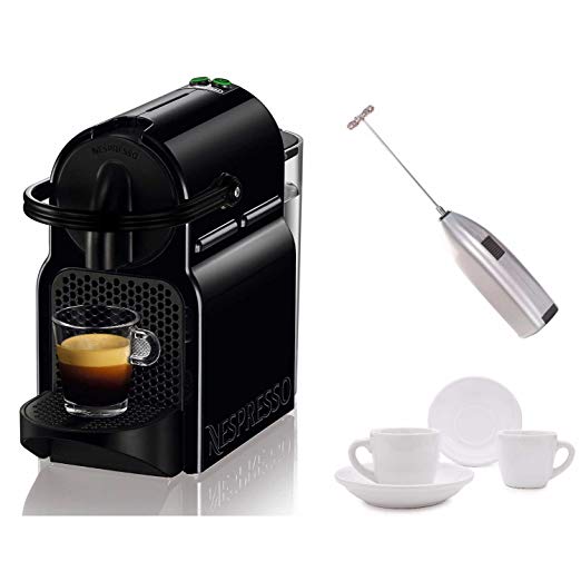 Nespresso Inissia Espresso Machine by De'Longhi, Black Includes Knox Gear Handheld Milk Frother and Ceramic Tiara Espresso Cup and Saucer