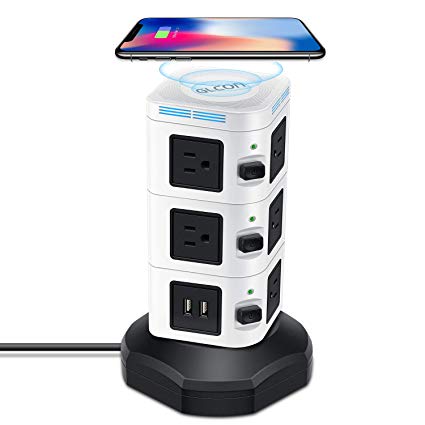 Power Strip Tower GLCON Surge Protector Tower Fast Wireless Charger   4 USB 5V/5A Ports   3000W 13A 10 Outlet Plugs   Charging Tower with 6ft Long Extension Cord for Home Office