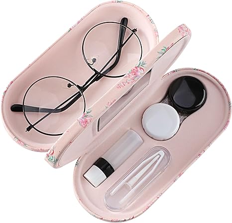 MoKo Double Eyeglass Case, 2 in 1 Double Sided Portable Glasses Case Contact Lens Case with Mirror Eye Glasses Carrying Bag Anti-Scratch Sunglasses Pouch Protective Eyewear for Men&Women, Pink Flowers