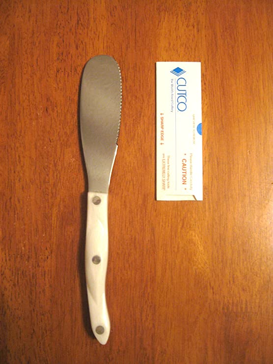 Model CUTCO 1768 Spatula Spreader with "Pearl" White handle. . . . . 4.9" High Carbon Stainless Double-D serrated edge blade..............5.1" handle.......in factory sealed plastic bag.
