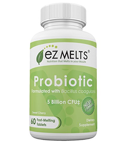 EZ Melts Probiotic Bacillus Coagulans, 5 Billion CFU, Fast Melting Tablets, All Natural Cherry Flavor, Digestive Health Vitamin Supplement