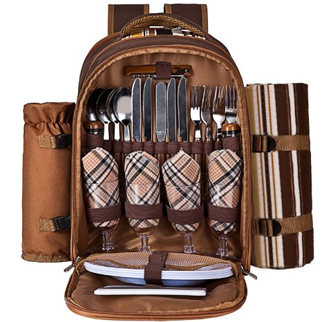 Ferlin Picnic Backpack for 4 With Cooler Compartment, Detachable Bottle/Wine Holder, Fleece Blanket, Plates and Cutlery Set (Coffee)