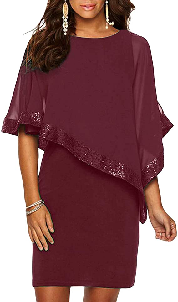 Alaster Queen Sequined Overlay Party Dress Chiffon Poncho Slit Sleeve Pencil Cocktail Mini Dress