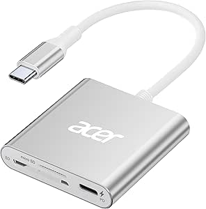 acer SD 4.0 Card Reader, UHS-II Micro SD Card Reader USB C, Dual Slot Type C Memory Card Reader Adapter with 100W PD Port for MicroSD SDXC SDHC UHS-II & UHS-I Cards for iPhone 15/16, Laptop (Silver)