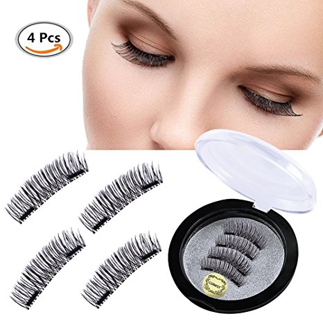 Double Magnet False Eyelashes , Magnetic Eyelashes , 3D Natural Reusable Eyelashes Extension , Natural Look Fiber Eyelashes , Thick Black Long Charming Eyelashes -1 pair (4 piece)