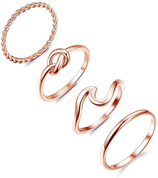 ORAZIO 4 Pcs Silver Wave Rings for Women Twist Knot Band Stackable Rings Stainless Steel Simple Thumb Cute Love Rose Gold Rings Set