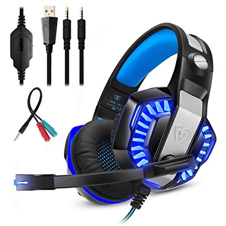 Mengshen Gaming Headset for PS4 Xbox One, Over Ear Headphones with Mic, Stereo Bass Surround and LED Light for Laptop, Mac, Nintendo Switch Games - Blue