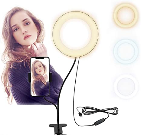 6″Selfie Ring Light with CellPhone Holder Stand for Youtube Facebook Live Stream Makeup Podcast LED Camera Video Desktop Flexible Gooseneck Lazy Bracket Compatible with iPhoneX 8 7 6Plus Android Black