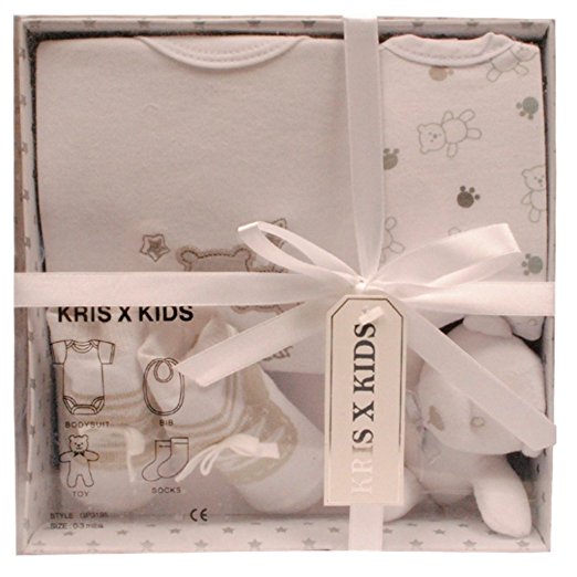 Baby Gift Set with Bodysuit, Bib, Toy, Socks in a Gift Box - Size 0-3 Months. White Teddy