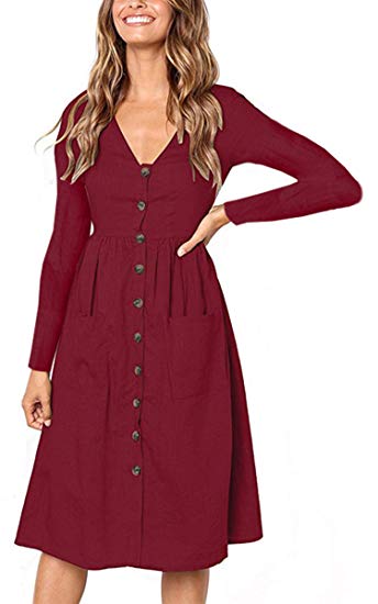 Angashion Women's Dresses-Short Sleeve V Neck Button T Shirt Midi Skater Dress Pockets