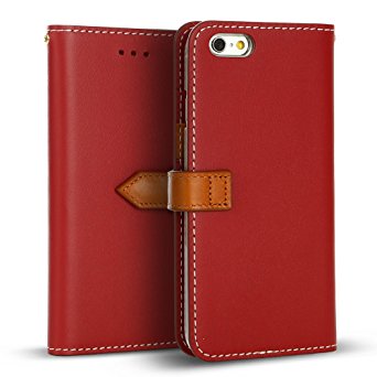 iPhone 6s / 6 Case (4.7"), DESIGNSKIN WETHERBY PREMIUM BASIC SNAP : Luxury 100% Handcrafted Genuine Leather Folio Adjustable Flip Unique ID Credit Card Holder Wallet Case (Red)