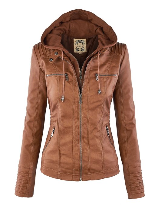 MBJ Womens Faux Leather Motorcycle Jacket with Hoodie
