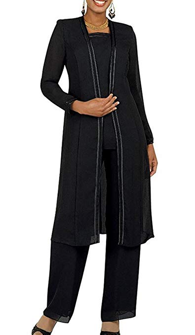 Fitty Lell Women's Chiffon Pant Suits Plus Size 3 Pieces Long Sleeves Mother The Bride Dress