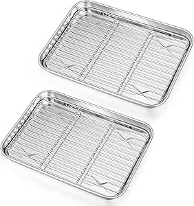 P&P CHEF Toaster Oven Pans with Racks Set of 2, Stainless Steel Oven Tray Small Baking Pan Sheet and Rack for Oven Cooking, 2 Mini Sizes (10.4”   9”)