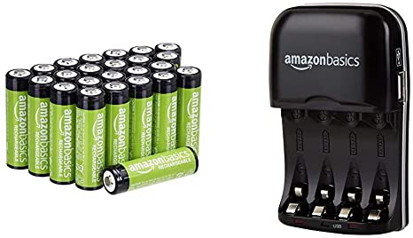 AmazonBasics AA Rechargeable Batteries (24-Pack) and Ni-MH AA & AAA Battery Charger with USB Port Set